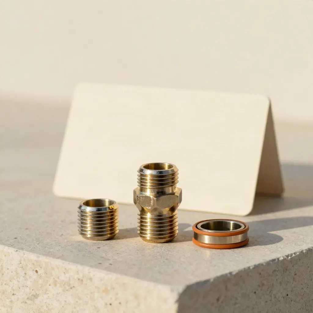 Giunto rapido in ottone con anello di tenuta e cappi, su lastra di pietra chiara in studio.