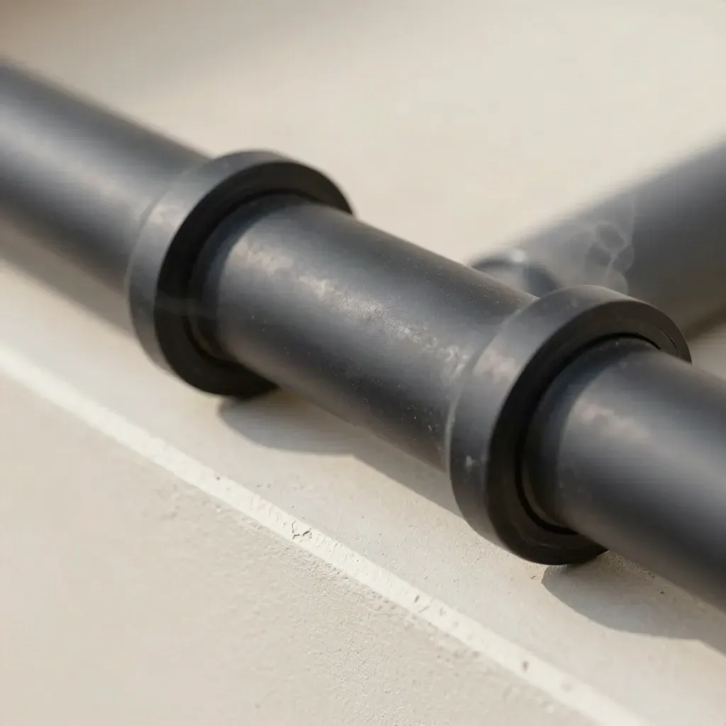 Giunto elastico in EPDM nero su rialzo in gesso, con vapore caldo e taglio macro.