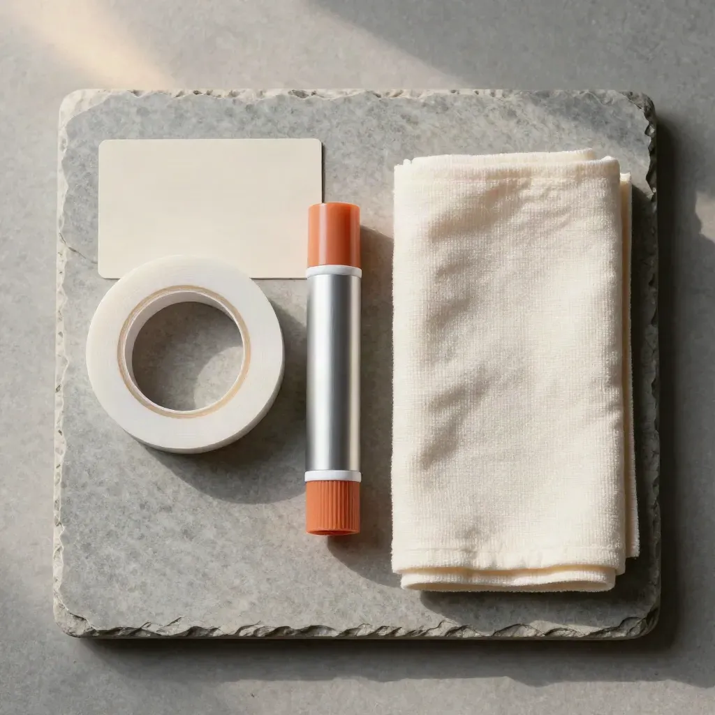 Kit sigillatura con nastro PTFE, tubo di pasta sigillante e panno su lastra di pietra.